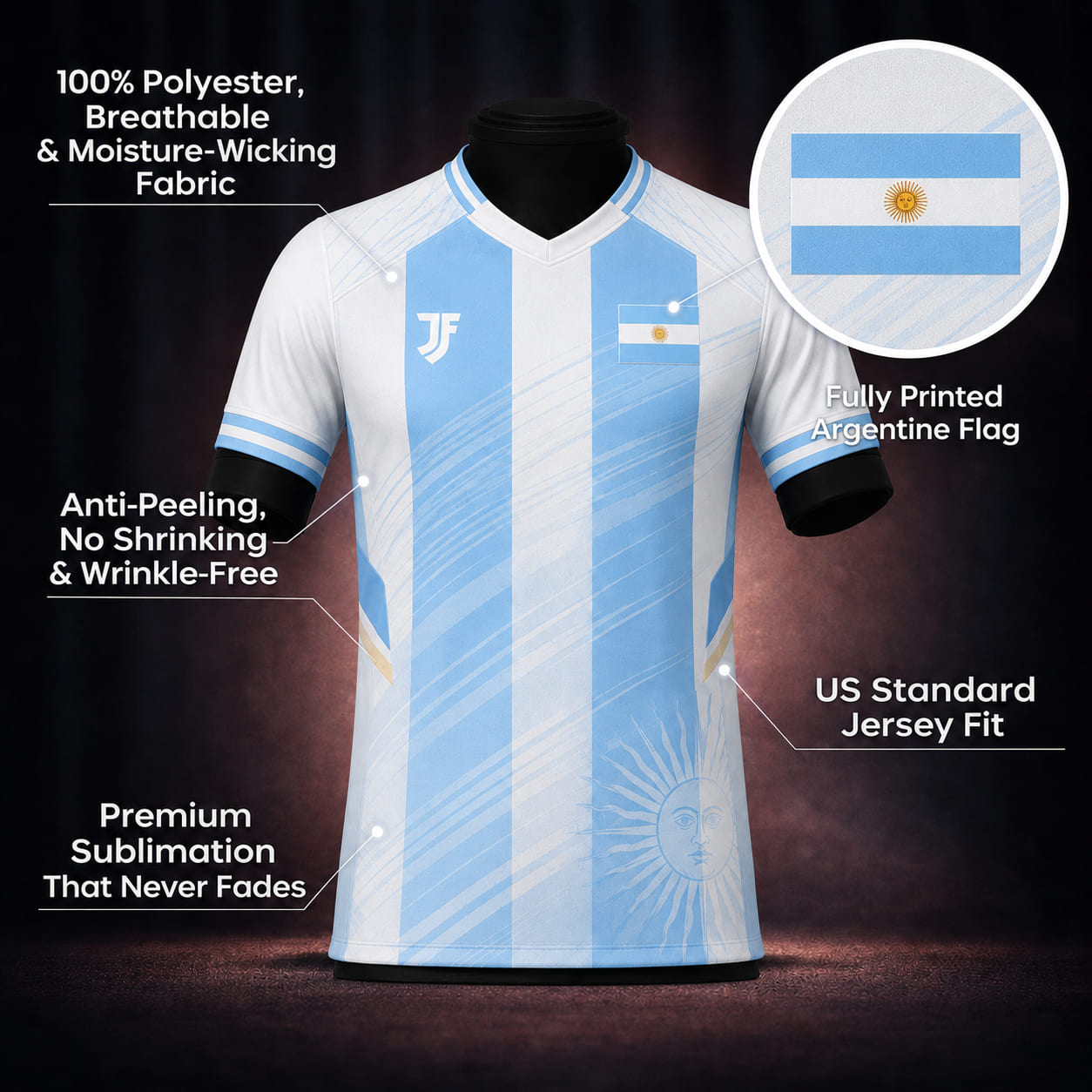 Argentina inspired HOME football jersey detail view showing collar, sleeve, fabric texture, and color accents
