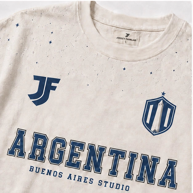 Argentina-inspired lifestyle soccer jersey fabric and logo detail by JerseyFamiliar