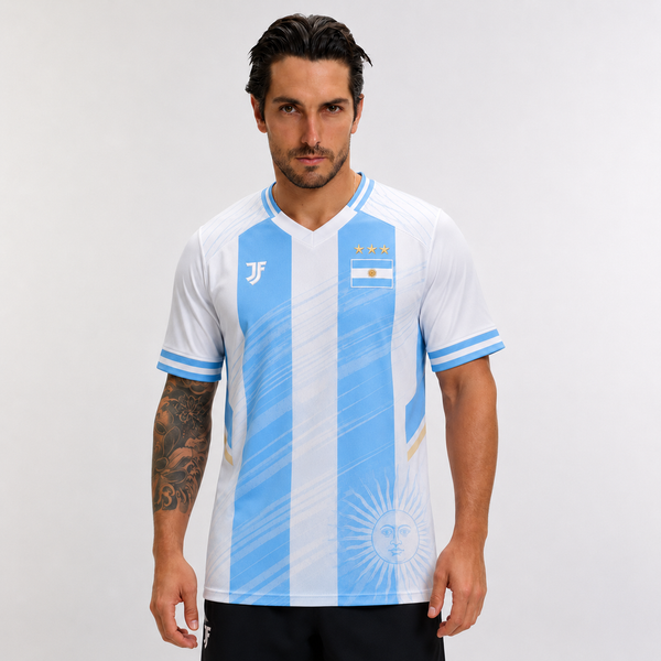 Argentina-inspired custom soccer jersey model front view by JerseyFamiliar