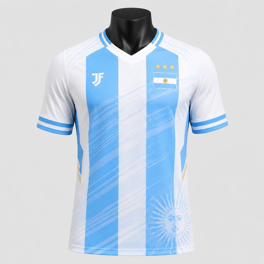 Argentina-inspired custom soccer jersey front view by JerseyFamiliar