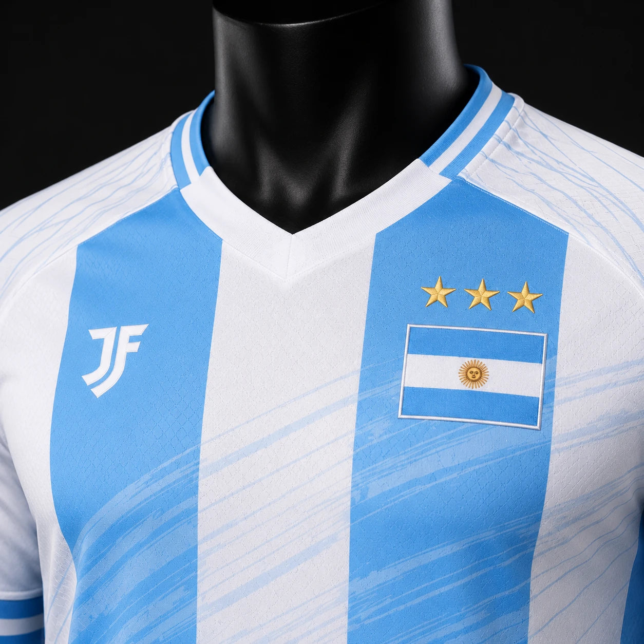 Argentina-inspired custom soccer jersey collar and fabric detail by JerseyFamiliar