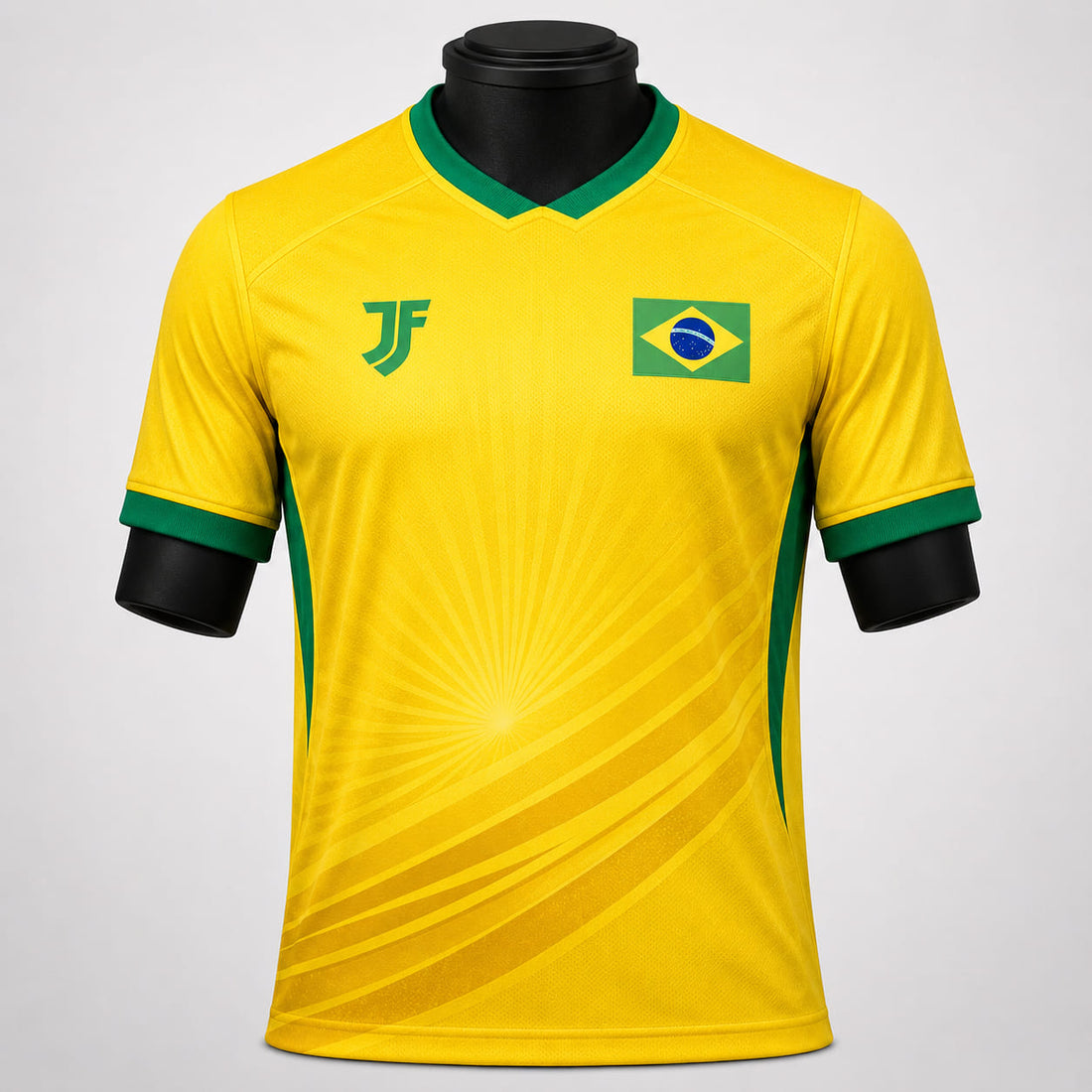Brazil inspired HOME football jersey front view with yellow color rhythm