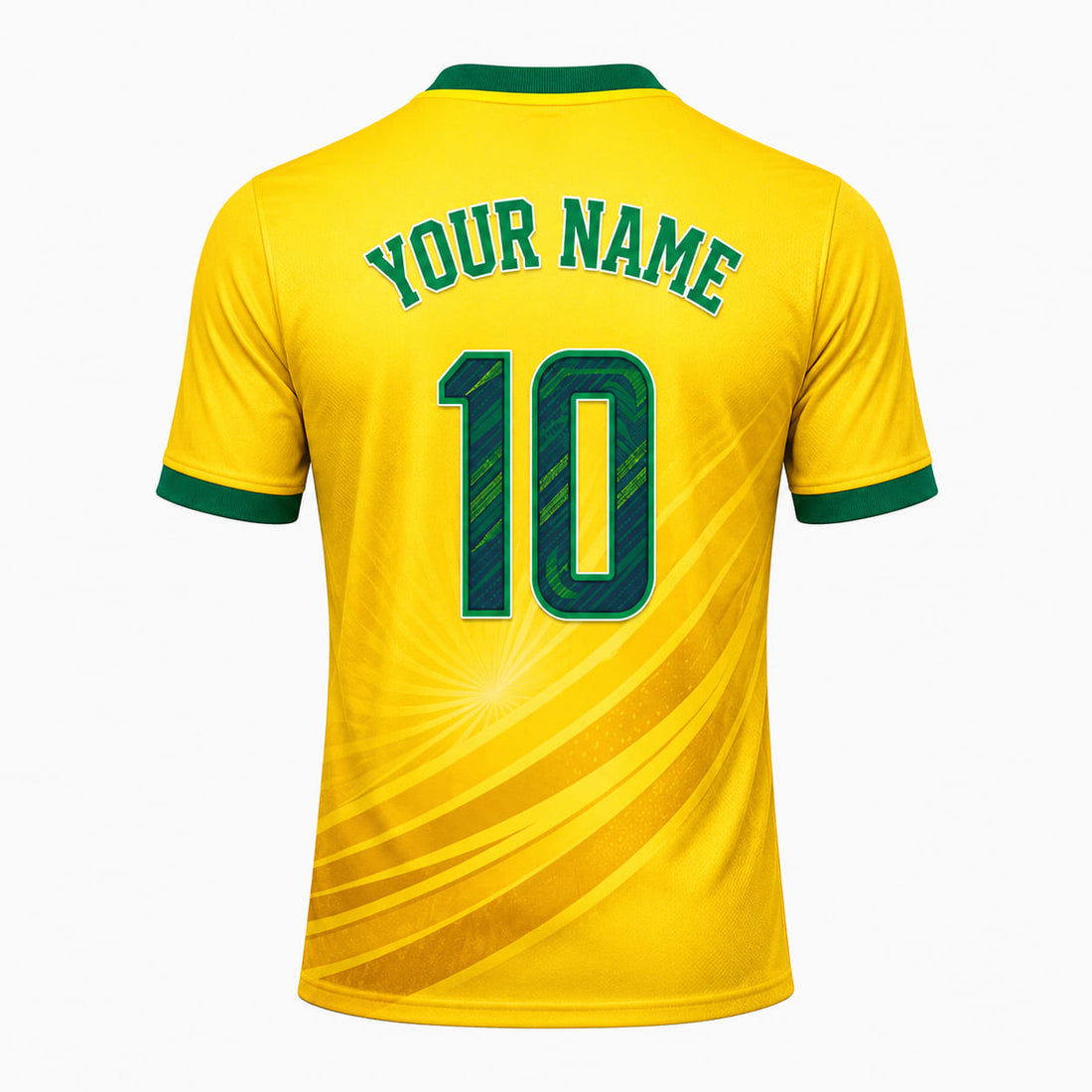 Brazil inspired HOME football jersey front view with yellow color rhythm