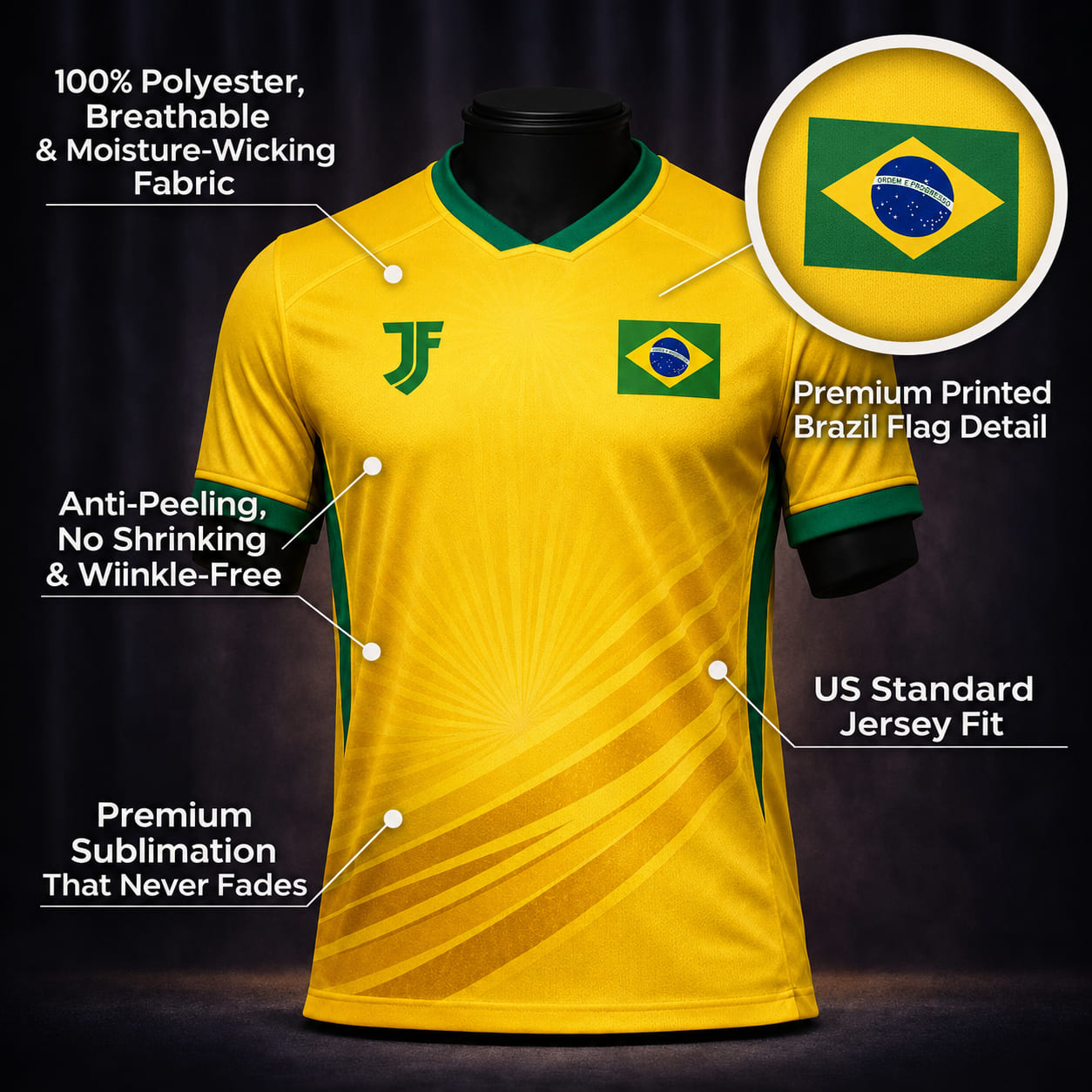 Brazil inspired HOME football jersey detail view showing collar, sleeve, fabric texture, and color accents
