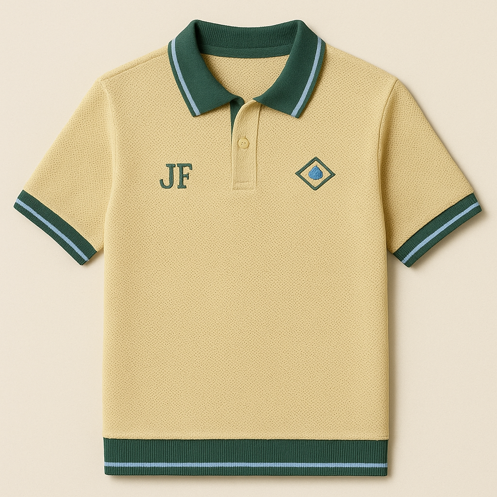 Secondary detail view of the BRA-inspired JerseyFamiliar mesh knit polo construction and trim.