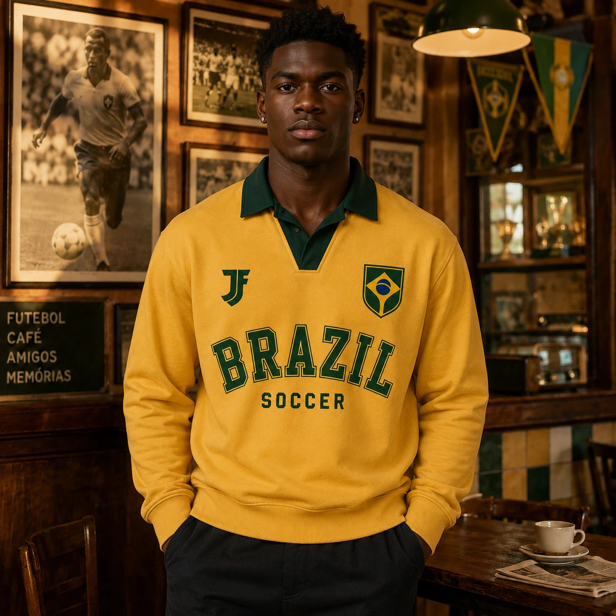 Brazil-inspired retro soccer jersey model front view by JerseyFamiliar