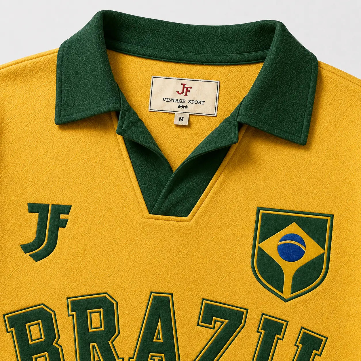 Brazil-inspired retro soccer jersey collar and fabric detail by JerseyFamiliar