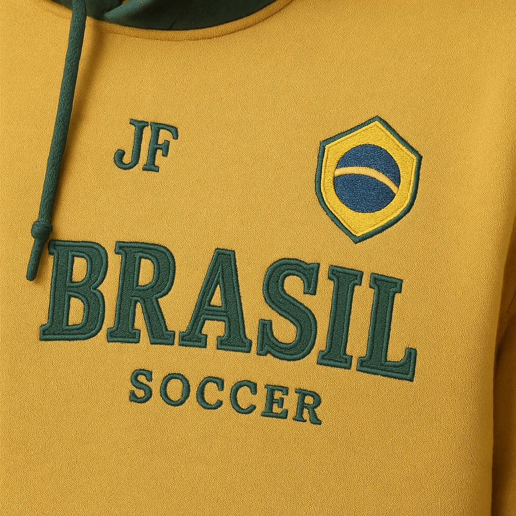 Close-up of JerseyFamiliar JF mark, original BRA-inspired emblem, and premium material texture.