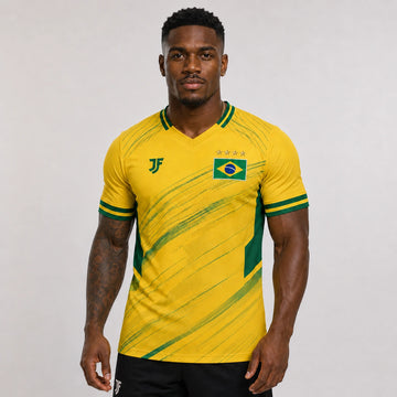 Brazil-inspired custom soccer jersey model front view by JerseyFamiliar