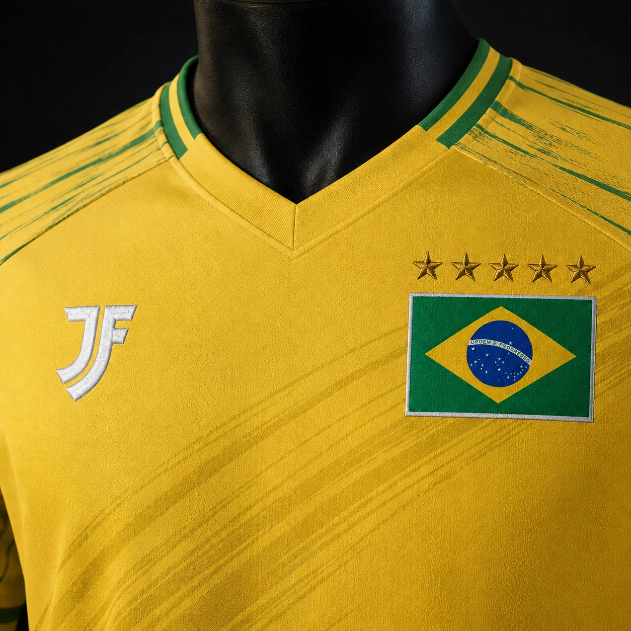 Brazil-inspired custom soccer jersey chest logo and fabric detail by JerseyFamiliar