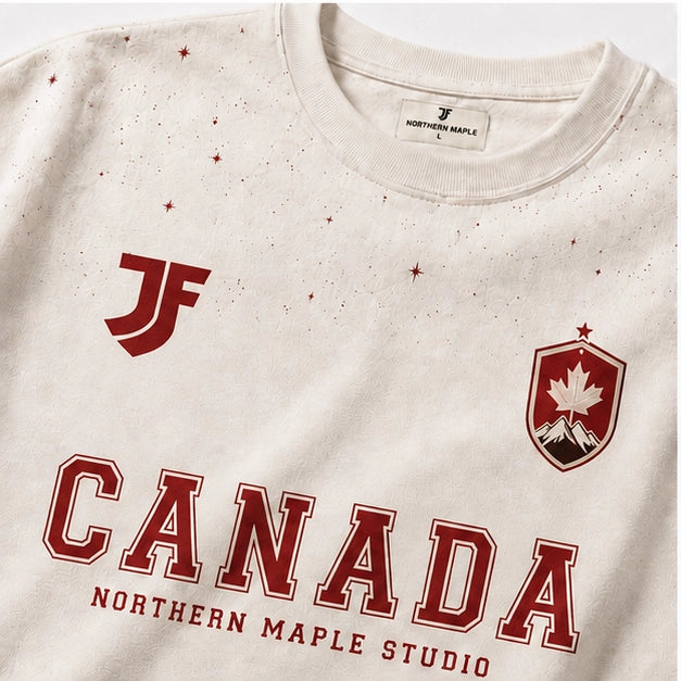 Canada-inspired lifestyle soccer jersey fabric and logo detail by JerseyFamiliar