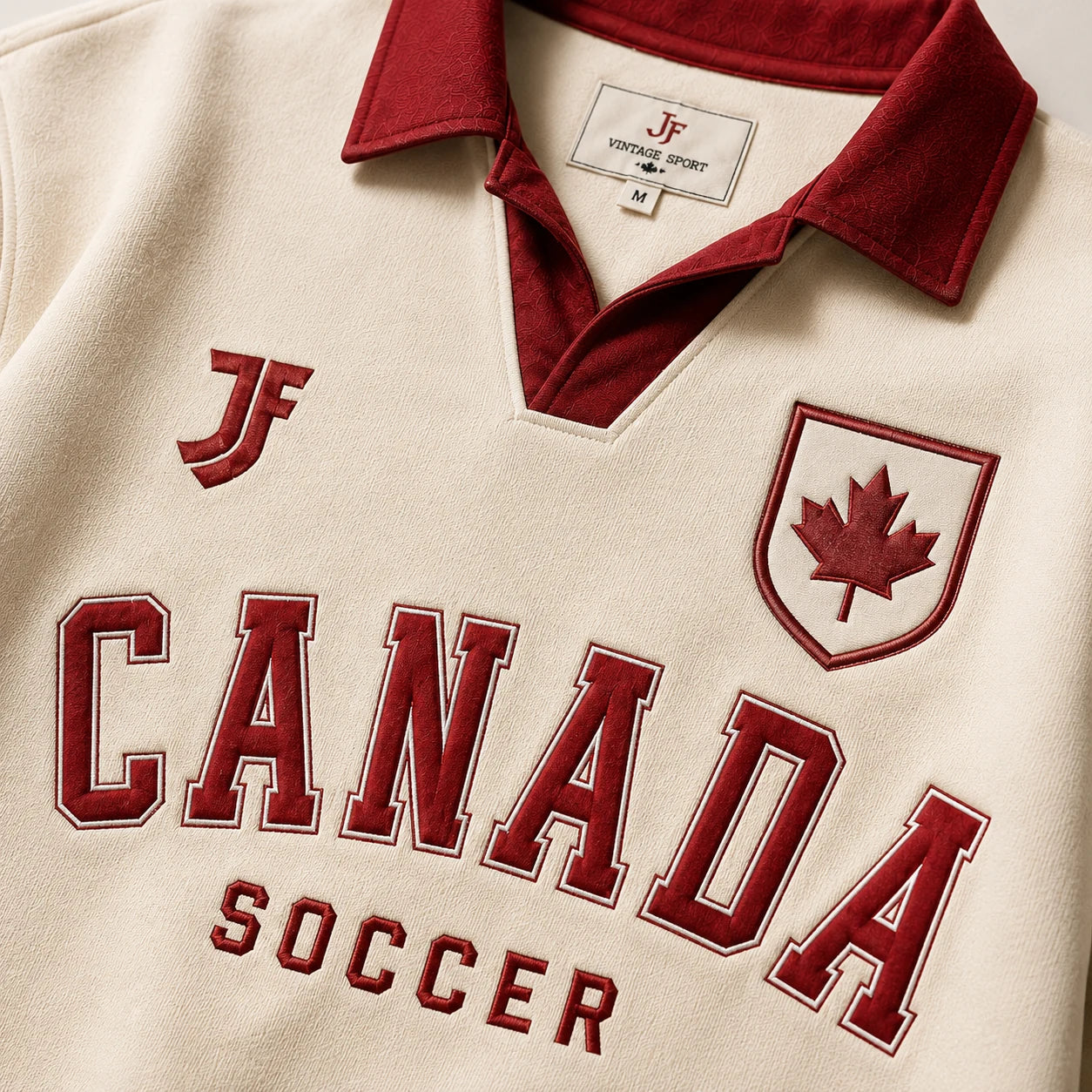 Canada-inspired retro soccer jersey collar and fabric detail by JerseyFamiliar