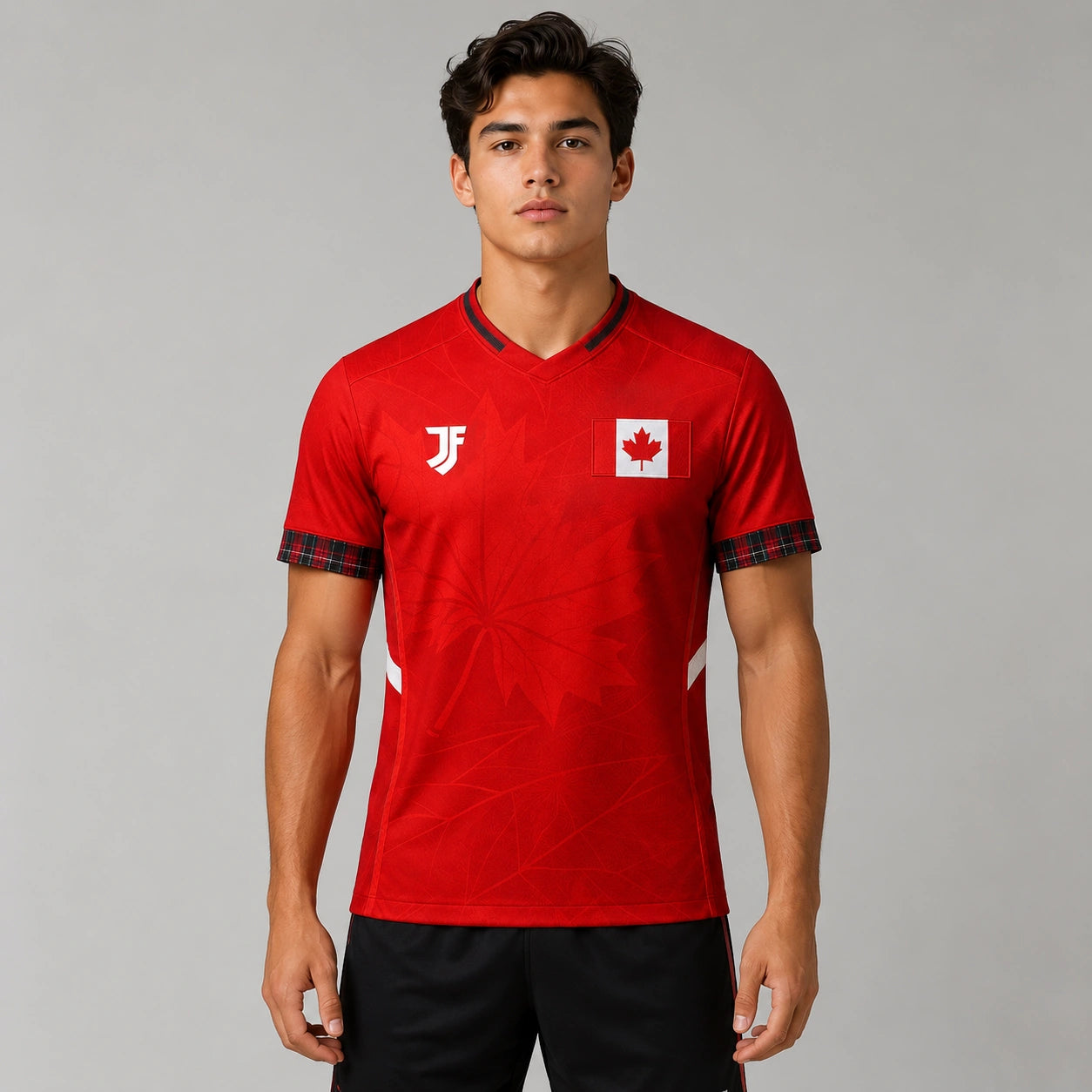 Canada-inspired custom soccer jersey model front view by JerseyFamiliar