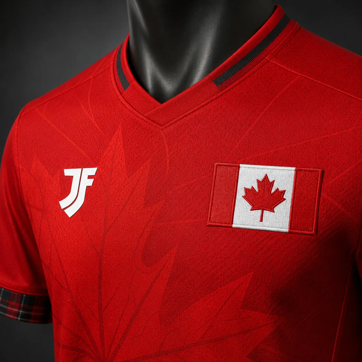 Canada-inspired custom soccer jersey collar and fabric detail by JerseyFamiliar