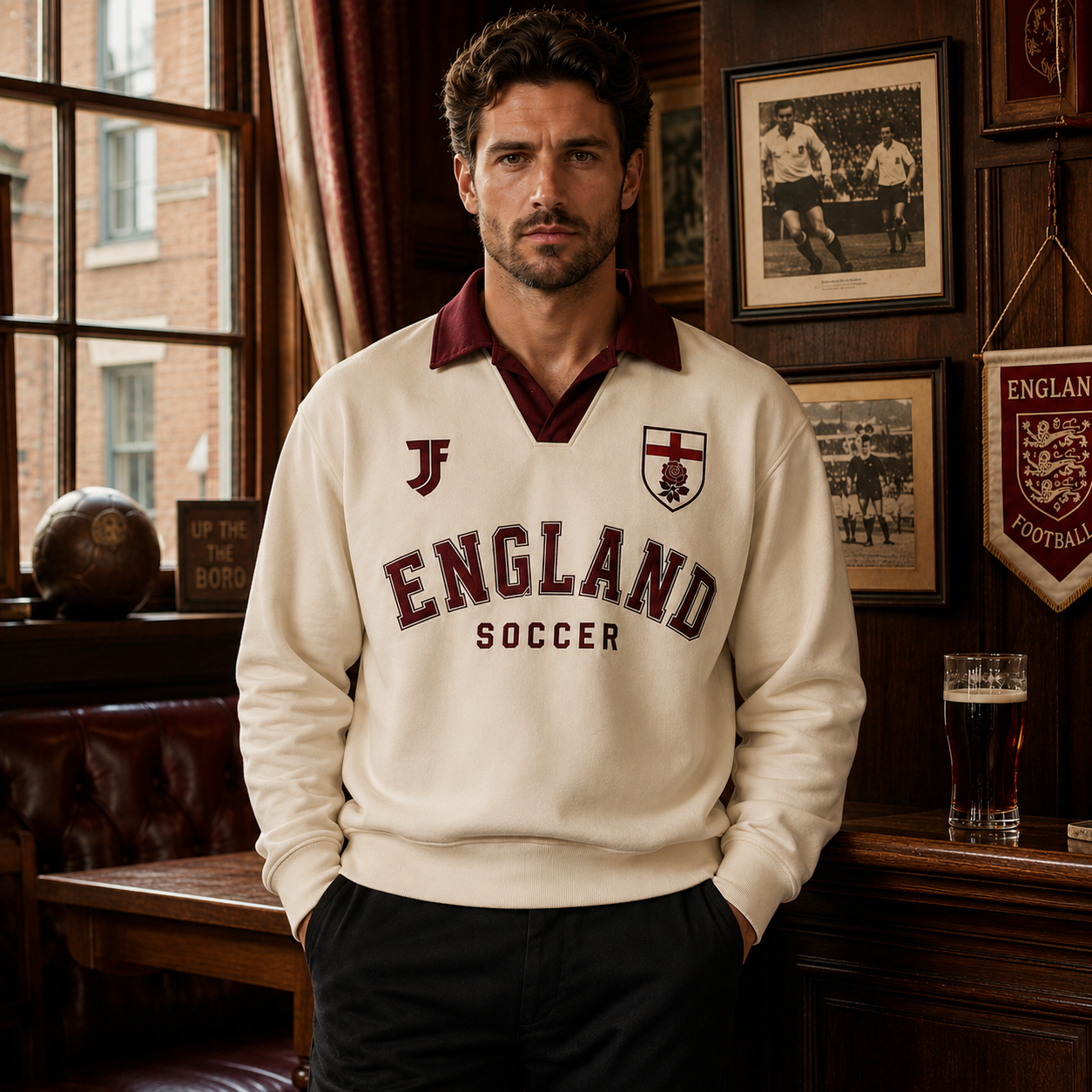 England-inspired retro soccer jersey model front view by JerseyFamiliar