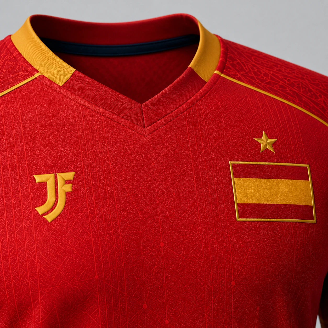 Spain-inspired custom soccer jersey chest logo and fabric detail by JerseyFamiliar