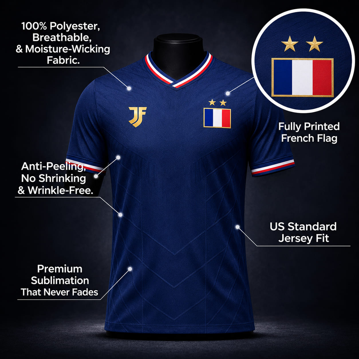 France inspired HOME football jersey detail view showing collar, sleeve, fabric texture, and color accents