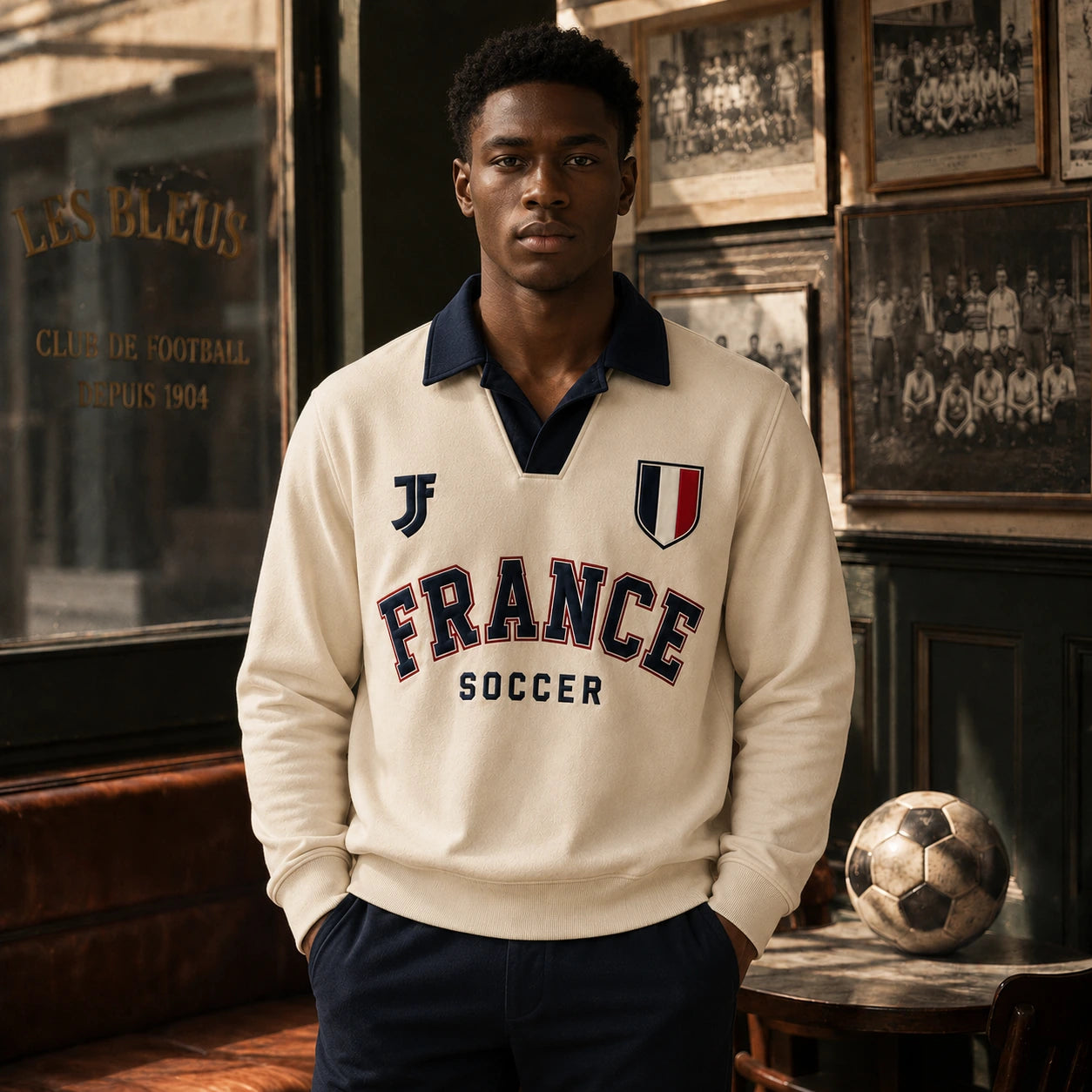 France-inspired retro soccer jersey model front view by JerseyFamiliar
