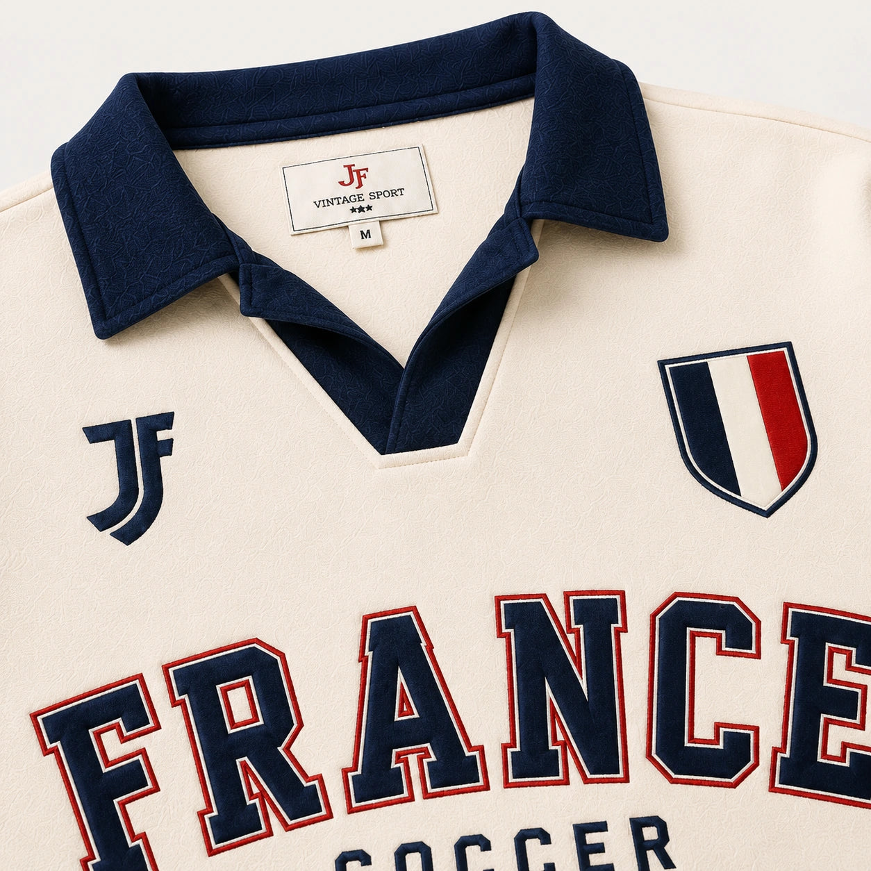 France-inspired retro soccer jersey collar and fabric detail by JerseyFamiliar