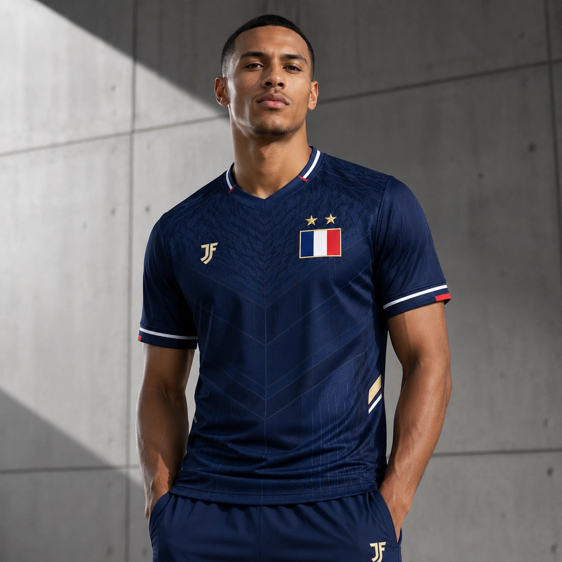France-inspired custom soccer jersey front view by JerseyFamiliar