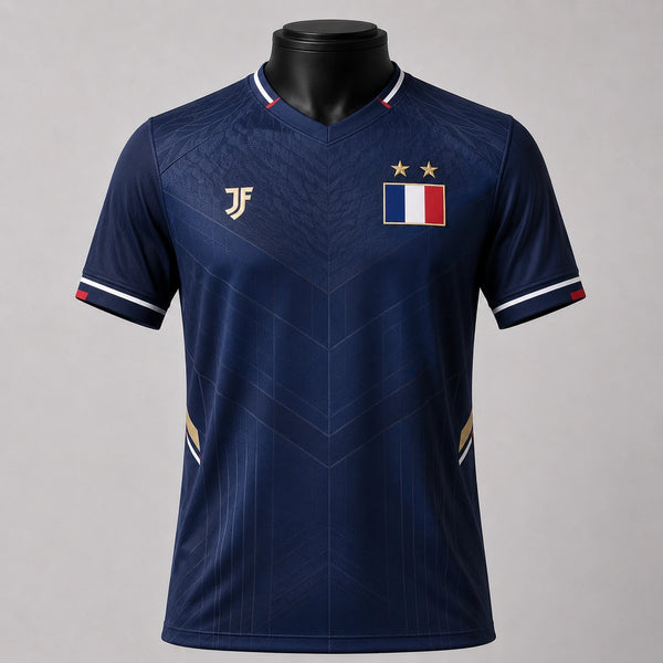 France-inspired custom soccer jersey front view by JerseyFamiliar