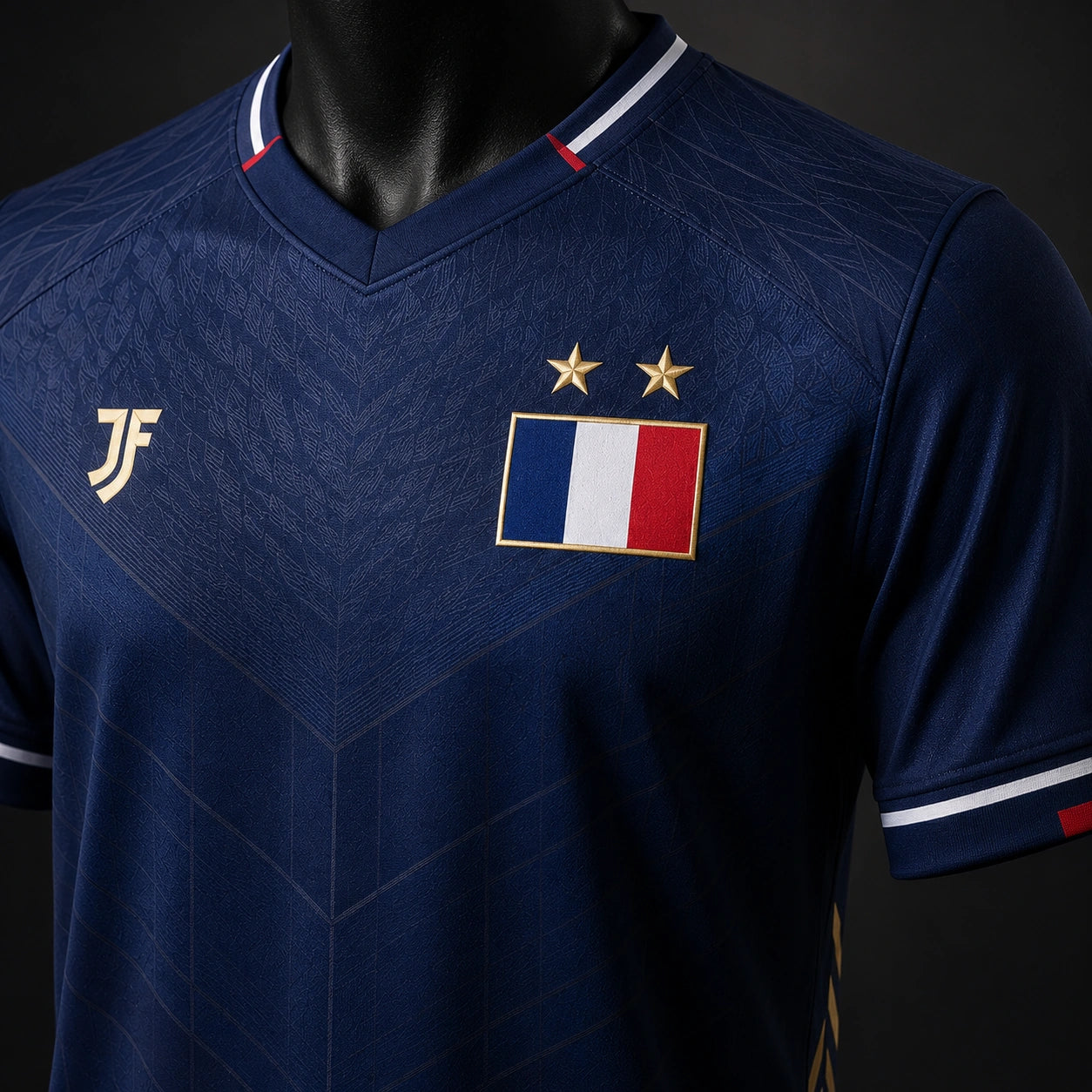 France-inspired custom soccer jersey chest logo and fabric detail by JerseyFamiliar