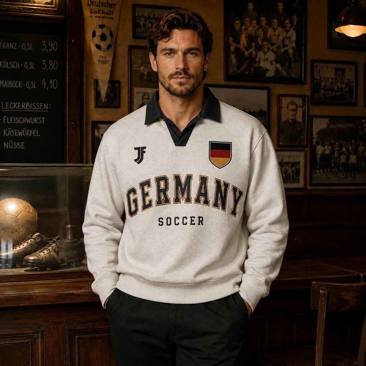 Germany-inspired retro soccer jersey model front view by JerseyFamiliar