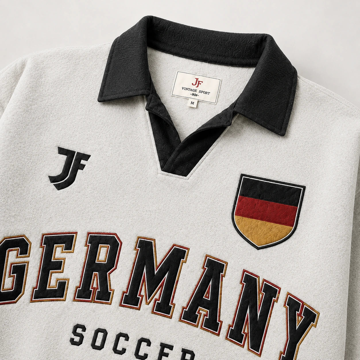 Germany-inspired retro soccer jersey collar and fabric detail by JerseyFamiliar