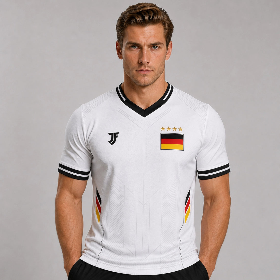 Germany-inspired custom soccer jersey front view by JerseyFamiliar