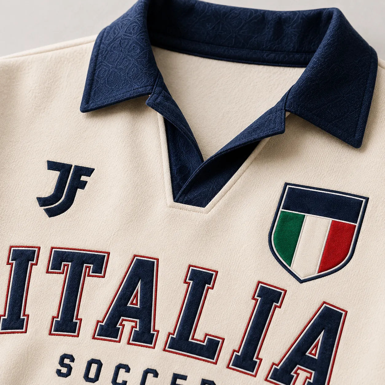 Italy-inspired retro soccer jersey collar and fabric detail by JerseyFamiliar