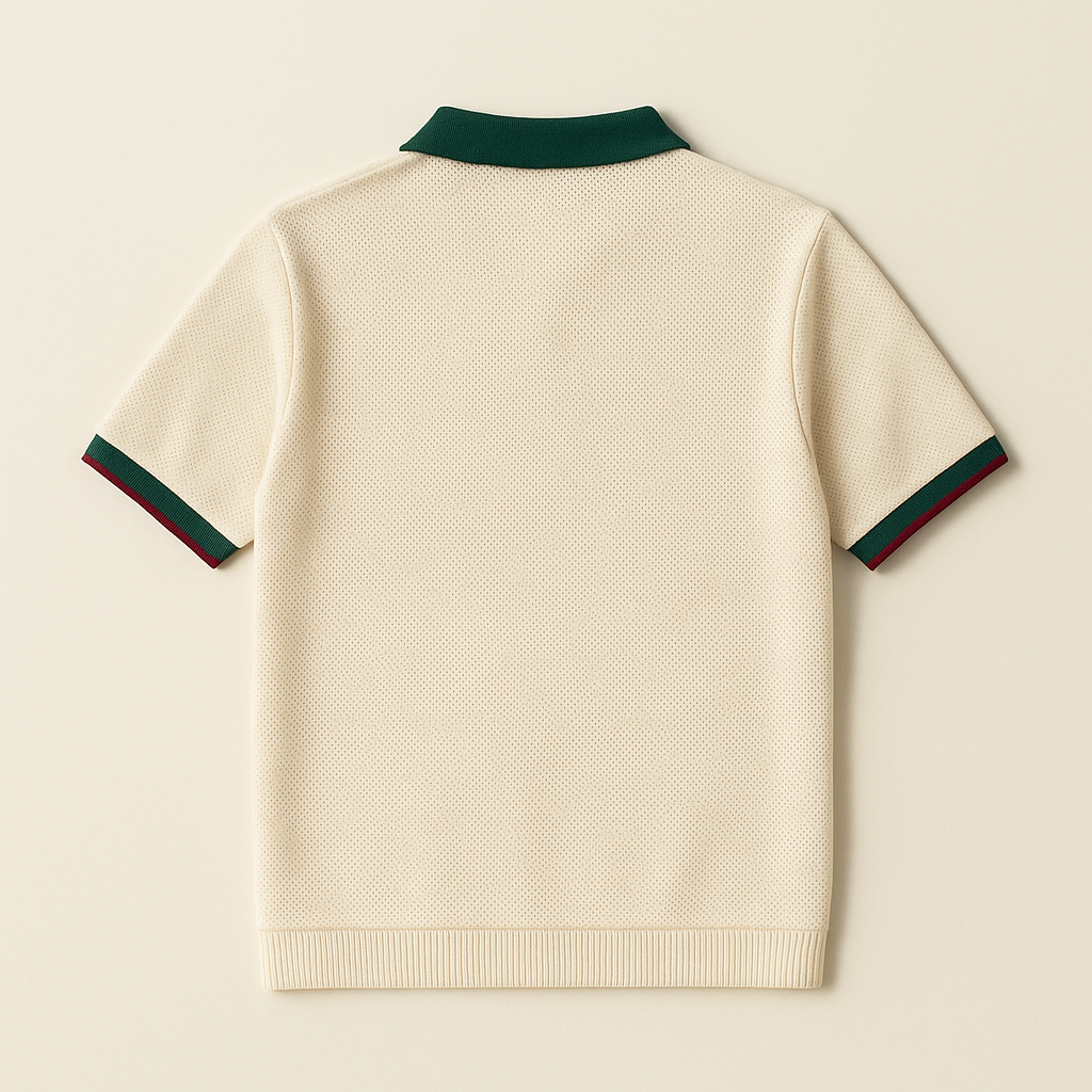 MEX-inspired JerseyFamiliar Lifestyle mesh knit polo back product image with restrained construction details.