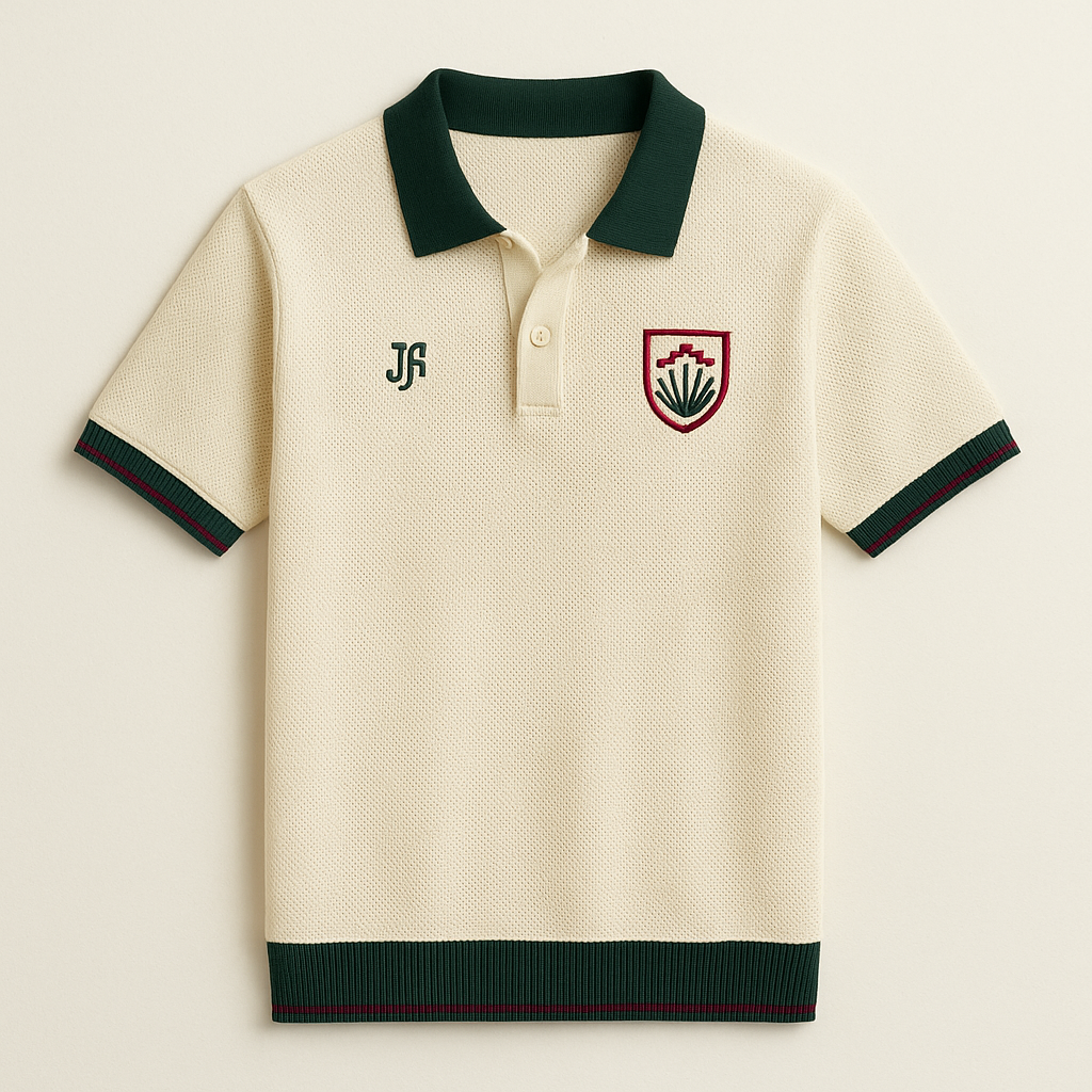 Secondary detail view of the MEX-inspired JerseyFamiliar mesh knit polo construction and trim.