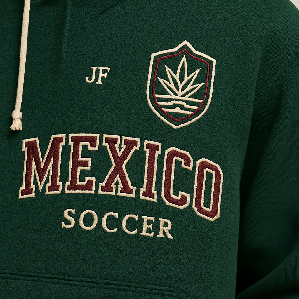 Close-up of JerseyFamiliar JF mark, original MEX-inspired emblem, and premium material texture.