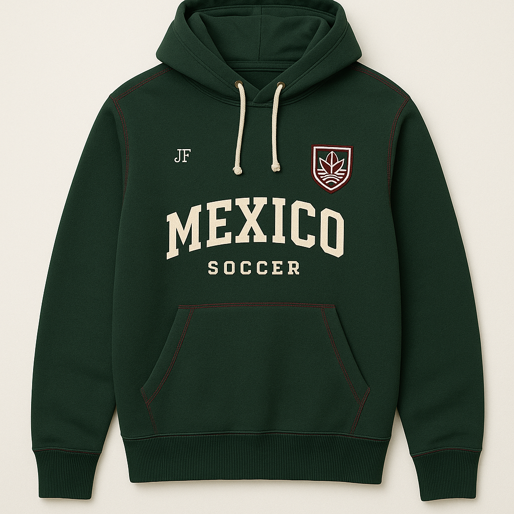Secondary detail view of the MEX-inspired JerseyFamiliar hoodie construction and trim.