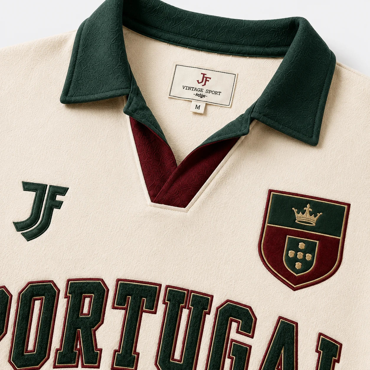 Portugal-inspired retro soccer jersey collar and fabric detail by JerseyFamiliar