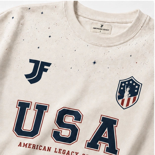 USA-inspired lifestyle soccer jersey fabric and logo detail by JerseyFamiliar