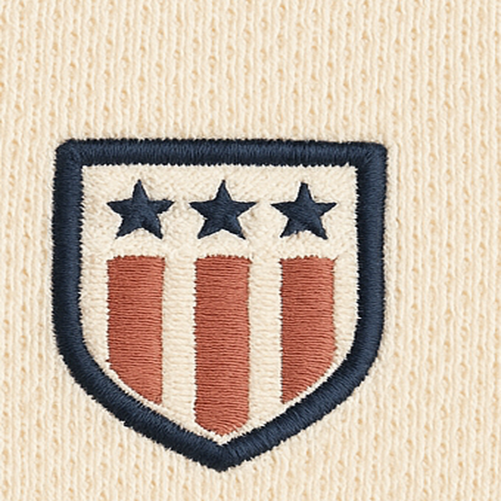 Close-up of original USA-inspired emblem and premium mesh knit texture.