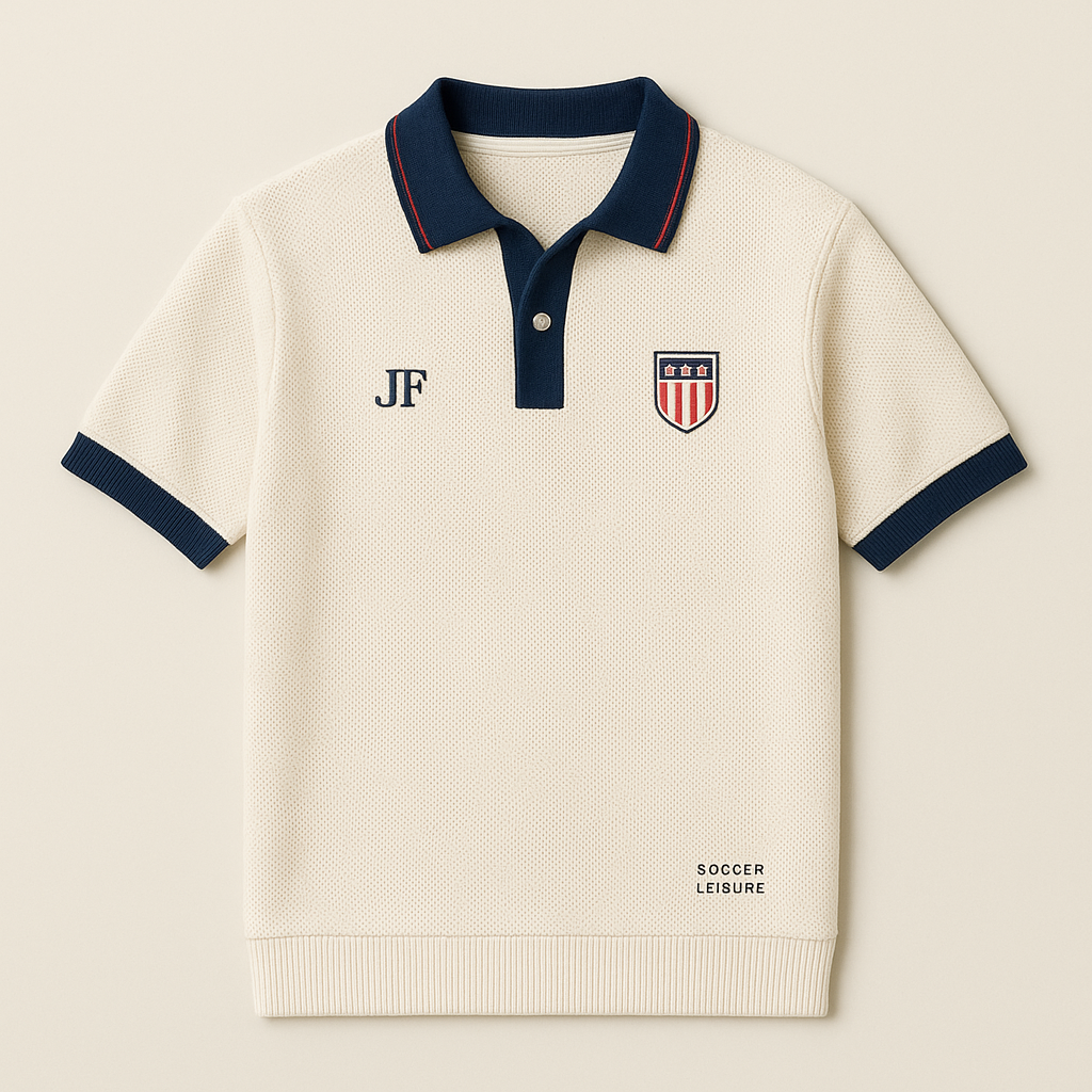 Secondary detail view of the USA-inspired JerseyFamiliar mesh knit polo construction and trim.