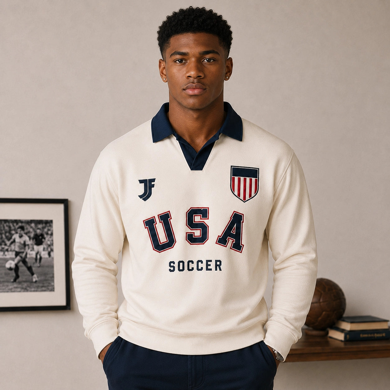 USA-inspired retro soccer jersey model front view by JerseyFamiliar