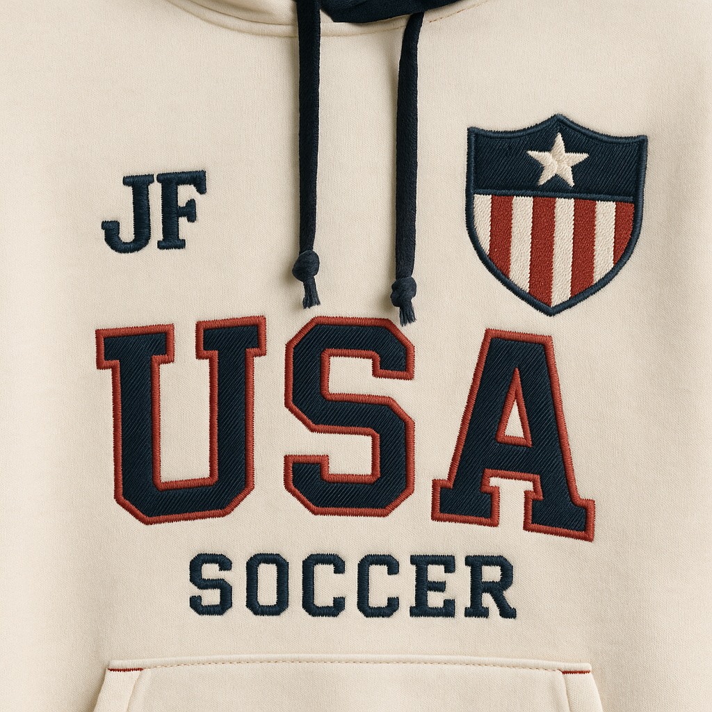 Close-up of JerseyFamiliar JF mark, original USA-inspired emblem, and premium material texture.