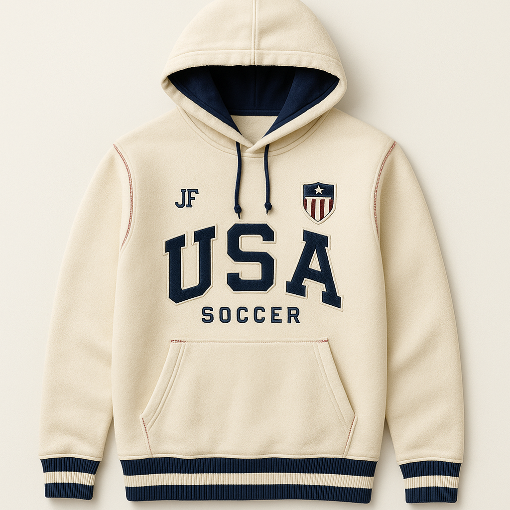 Secondary detail view of the USA-inspired JerseyFamiliar hoodie construction and trim.