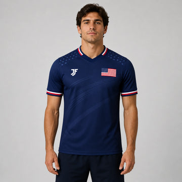 USA-inspired custom soccer jersey model front view by JerseyFamiliar