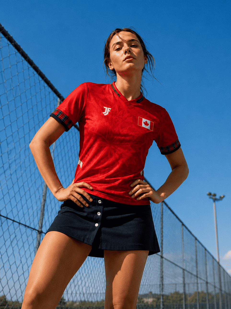 Person wearing a red sports jersey with a logo on a sports field