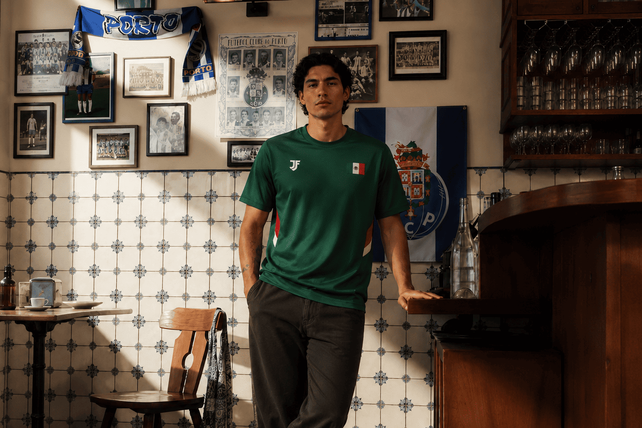 Man in a green shirt standing in a room with a checkered wall and various items on shelves.