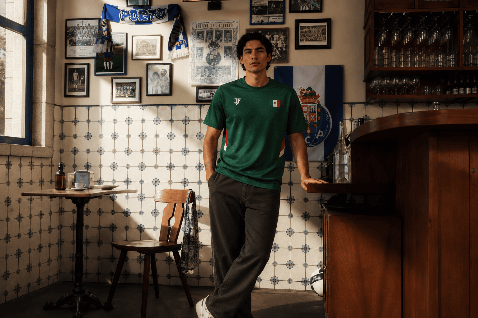 Man in a green shirt standing in a room with a checkered wall and various items on shelves.