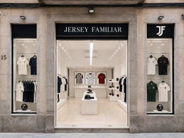 Storefront with 'Jersey Familiar' branding and clothing display
