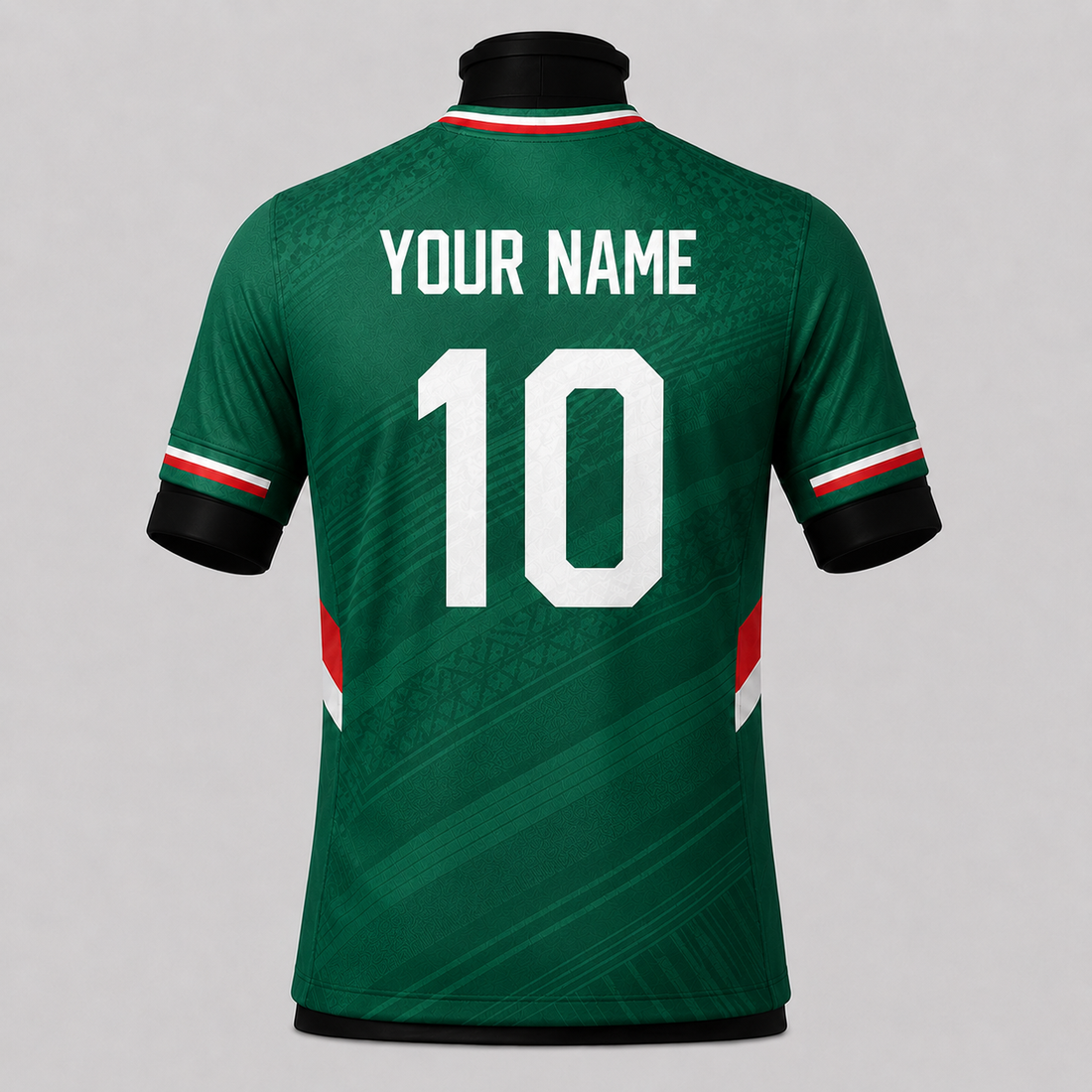 Green sports jersey with a logo and flag on a gray background