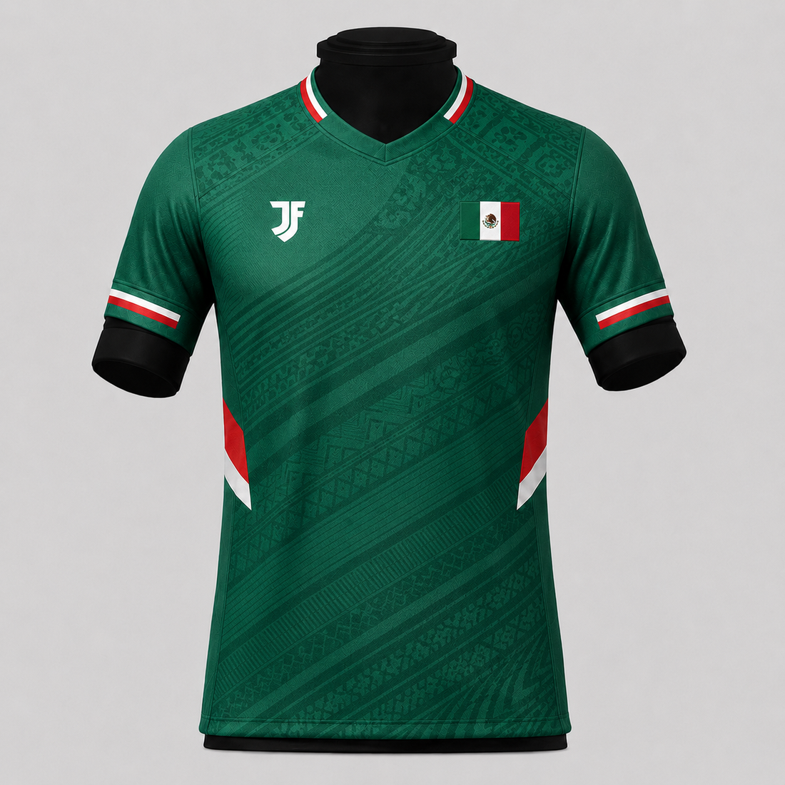 Green sports jersey with a logo and flag on a gray background