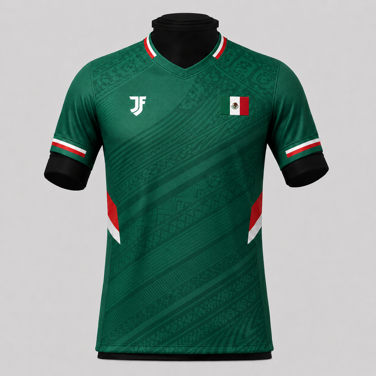 Green sports jersey with a logo and flag on a gray background